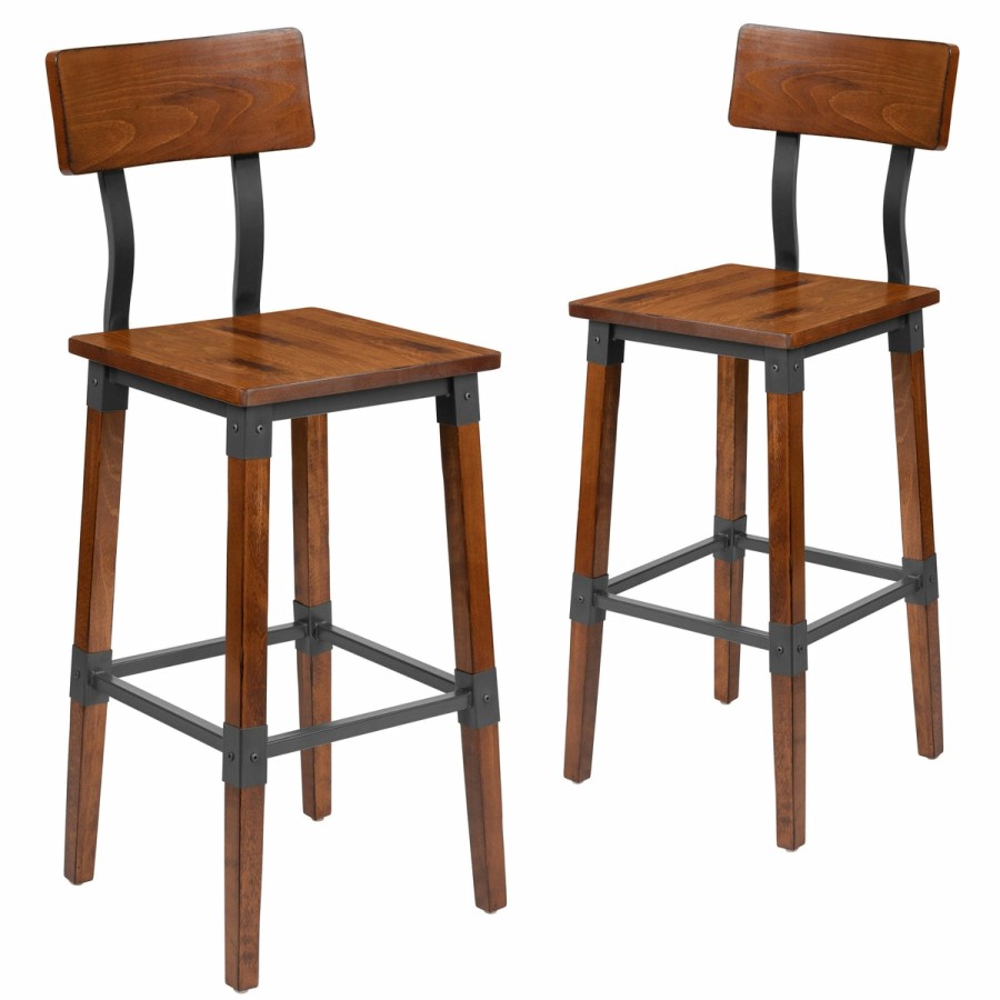 More T&D Restaurant Equipment | 2 Pack Rustic Antique Industrial Wood Dining Barstool