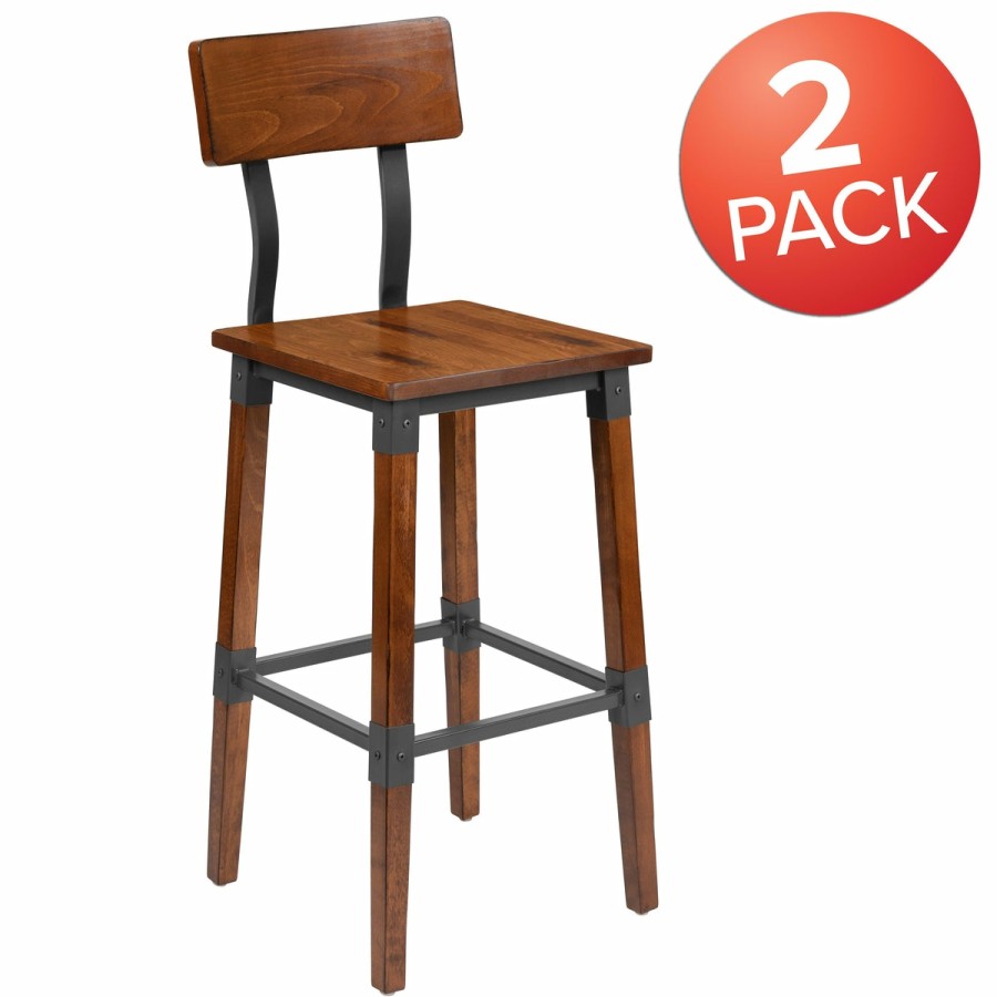 More T&D Restaurant Equipment | 2 Pack Rustic Antique Industrial Wood Dining Barstool