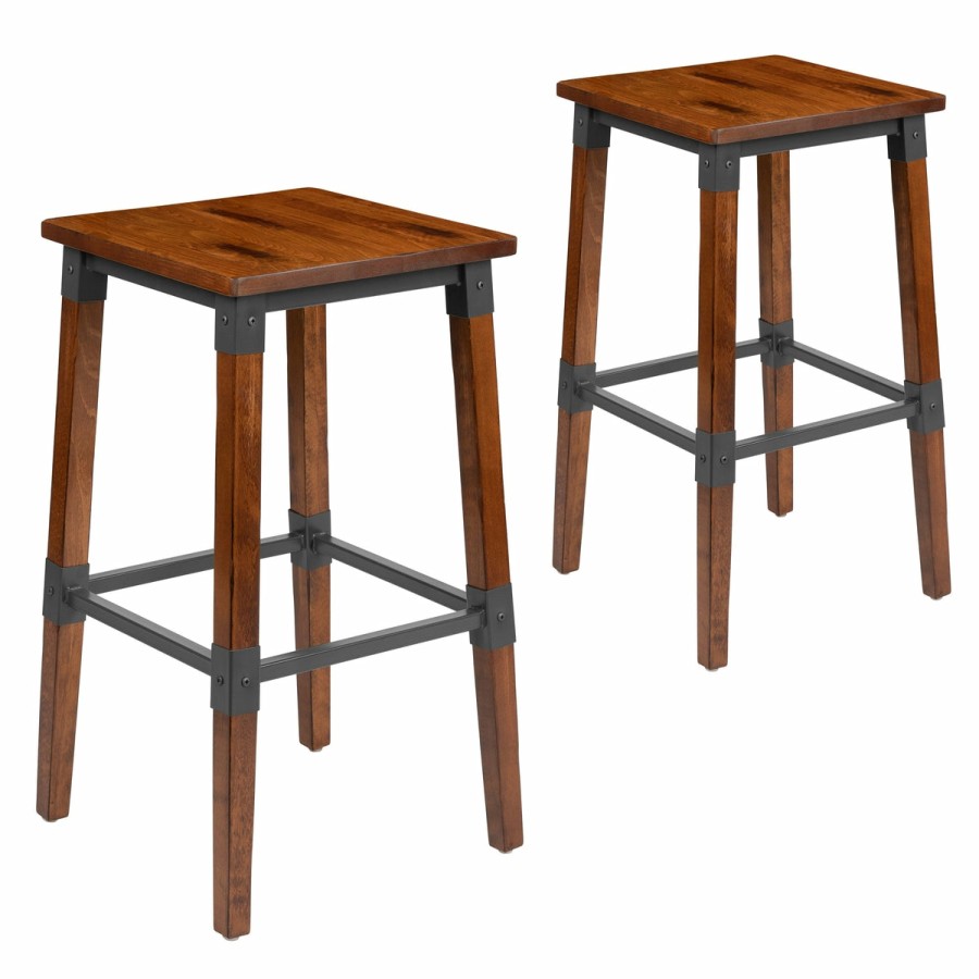 More T&D Restaurant Equipment | 2 Pack Rustic Antique Industrial Wood Dining Backless Barstool