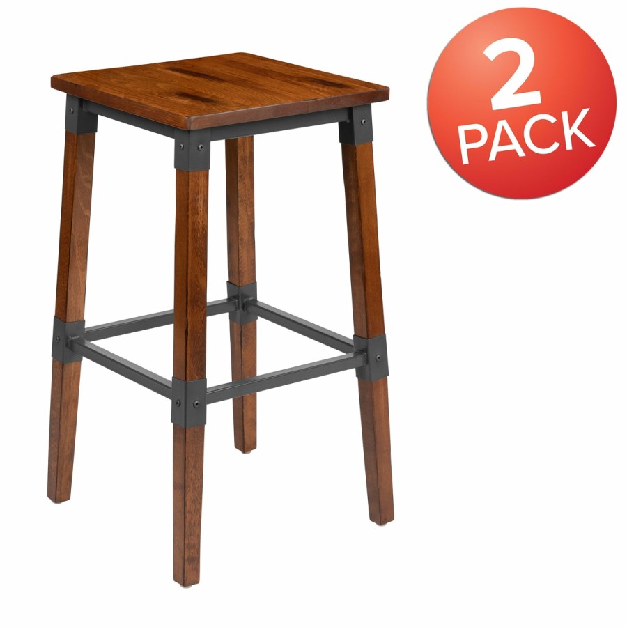 More T&D Restaurant Equipment | 2 Pack Rustic Antique Industrial Wood Dining Backless Barstool