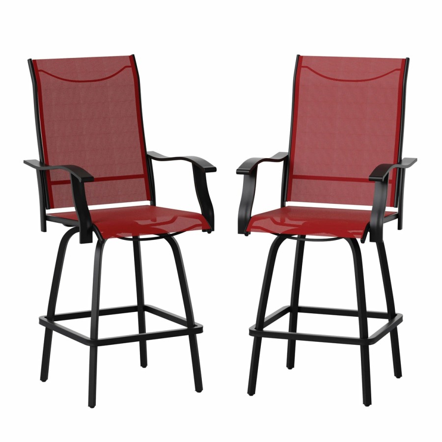 More FLASH | Valerie Patio Bar Height Stools Set Of 2, All-Weather Textilene Swivel Patio Stools And Deck Chairs With High Back & Armrests