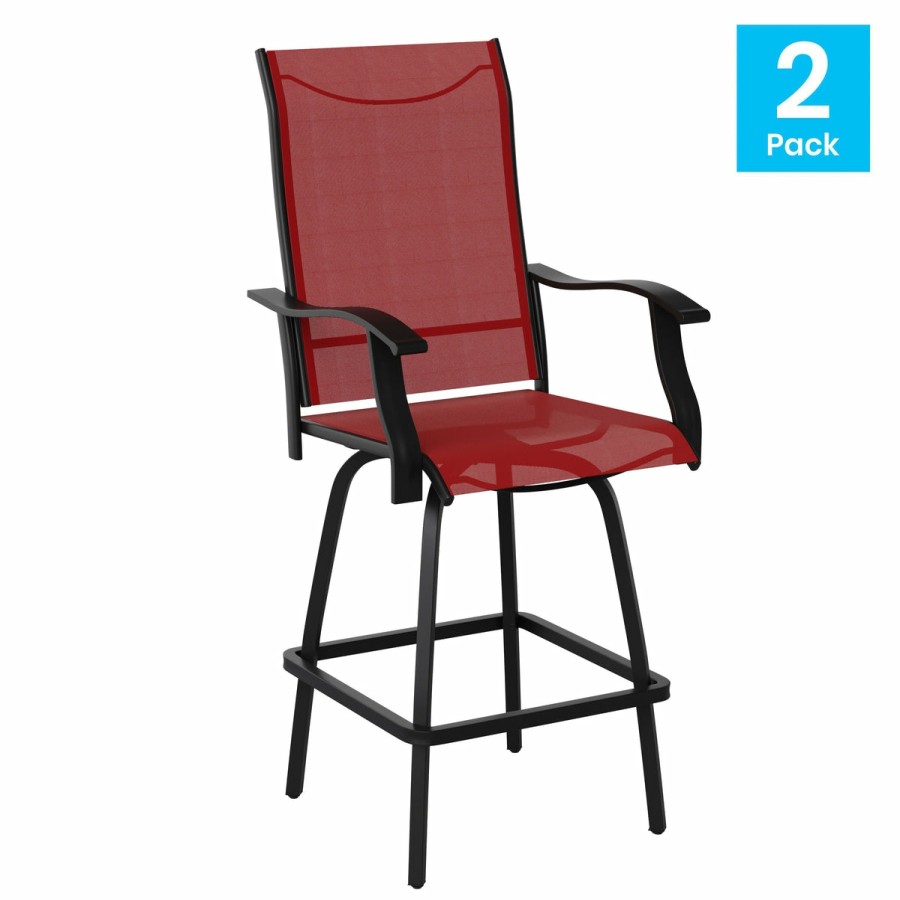 More FLASH | Valerie Patio Bar Height Stools Set Of 2, All-Weather Textilene Swivel Patio Stools And Deck Chairs With High Back & Armrests