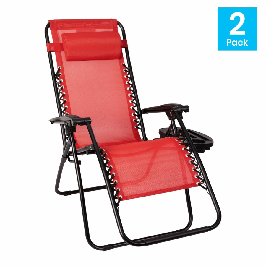 More FLASH | Adjustable Folding Mesh Zero Gravity Reclining Lounge Chair With Pillow And Cup Holder Tray, Set Of 2