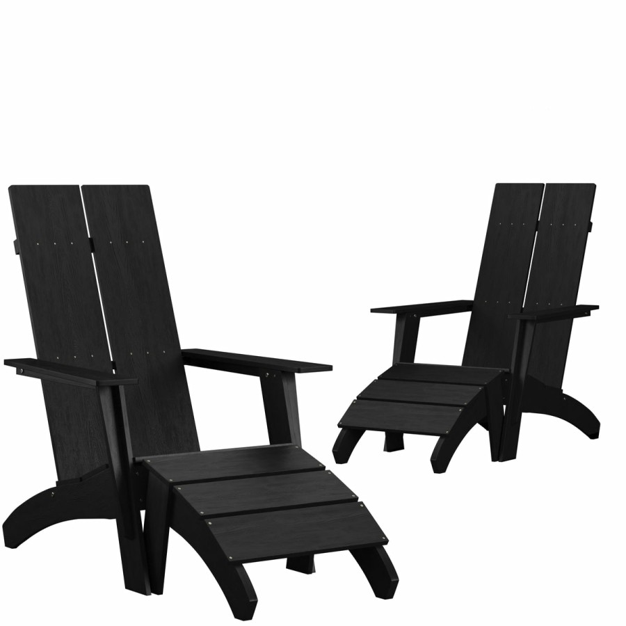 More FLASH | Set Of 2 Sawyer Modern All-Weather Poly Resin Wood Adirondack Chairs With Foot Rests