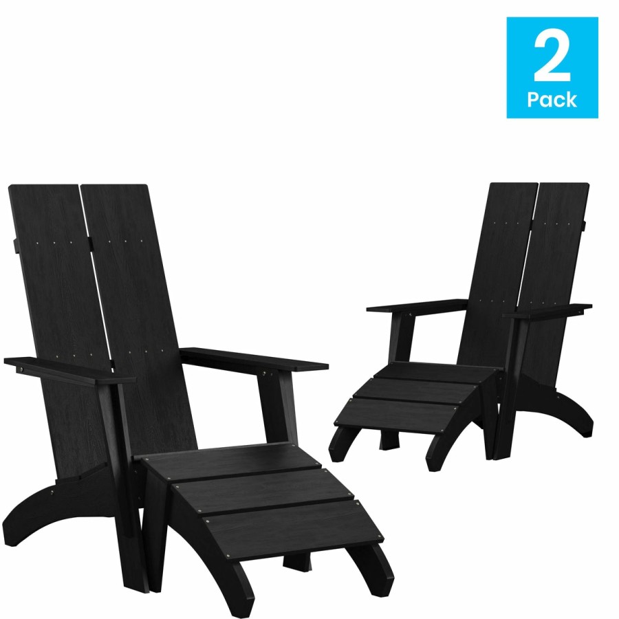 More FLASH | Set Of 2 Sawyer Modern All-Weather Poly Resin Wood Adirondack Chairs With Foot Rests