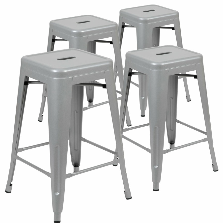 More FLASH | 24" High Metal Counter-Height, Indoor Bar Stool - Stackable Set Of 4