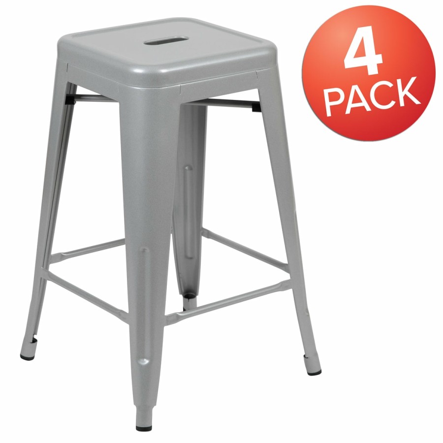 More FLASH | 24" High Metal Counter-Height, Indoor Bar Stool - Stackable Set Of 4