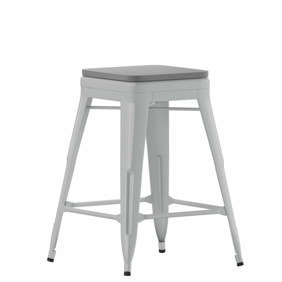 More FLASH | Cierra Set Of 4 Commercial Grade 24" High Backless Metal Indoor Counter Height Stools With All-Weather Poly Resin Seats