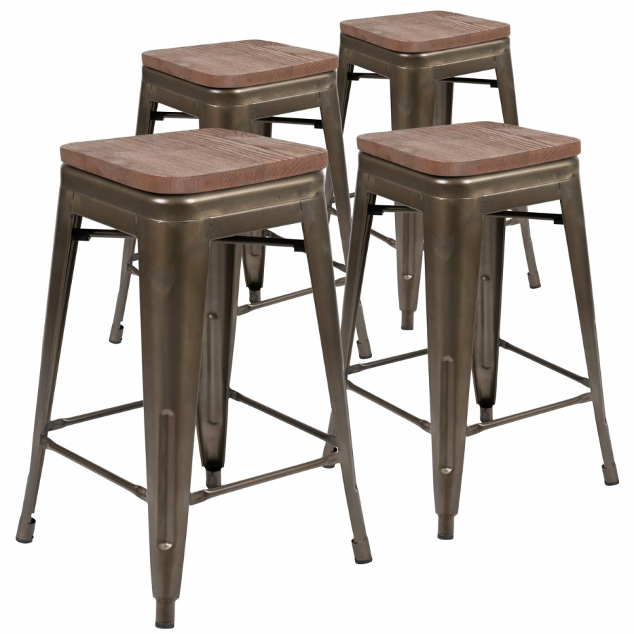 More FLASH | 24" High Metal Counter-Height, Indoor Bar Stool With Wood Seat - Stackable Set Of 4