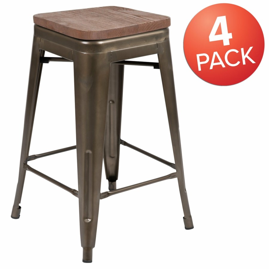 More FLASH | 24" High Metal Counter-Height, Indoor Bar Stool With Wood Seat - Stackable Set Of 4