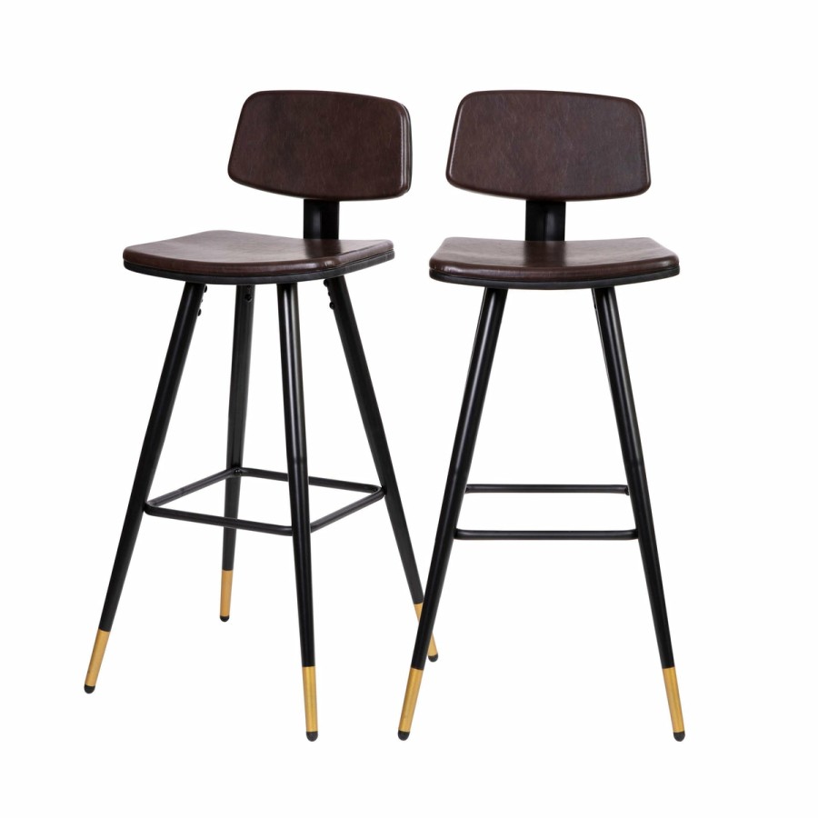 More FLASH | Kora Commercial Grade Low Back Barstools-Leathersoft Upholstery-Iron Frame-Integrated Footrest-Gold Tipped Legs-Set Of 2