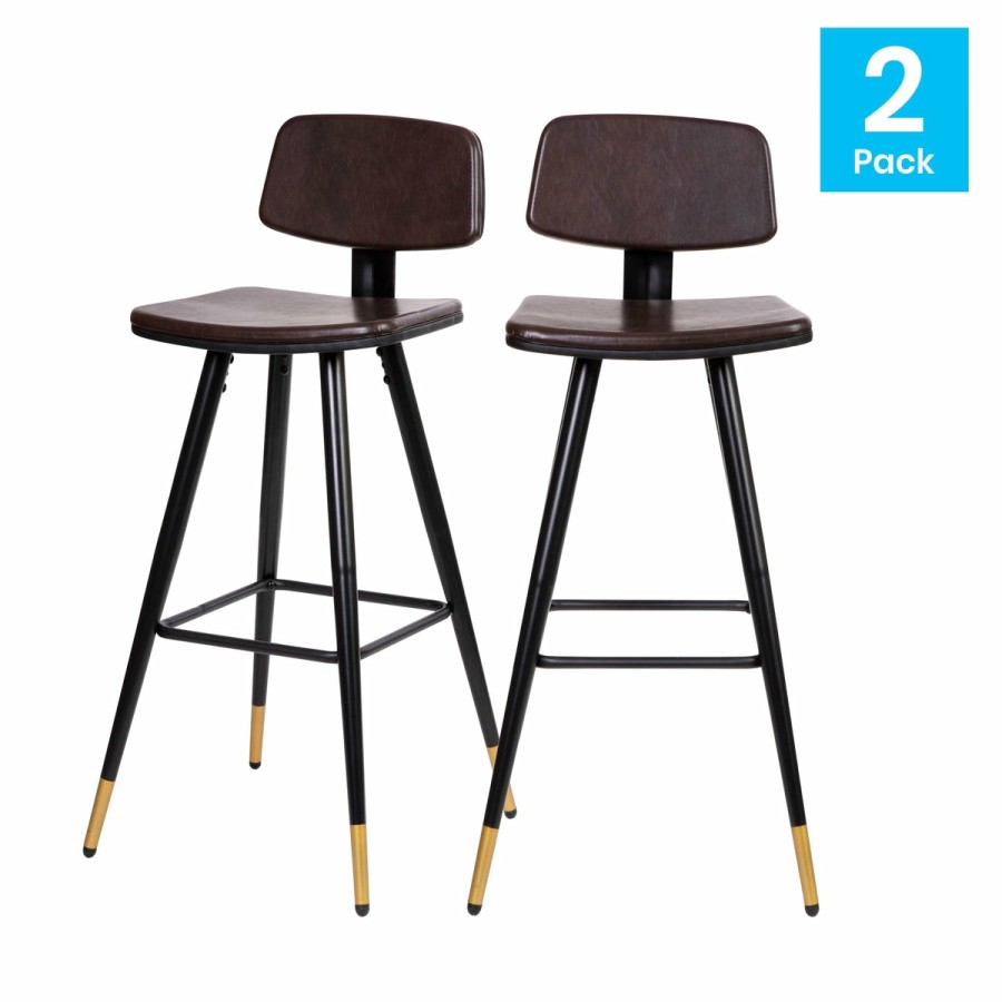 More FLASH | Kora Commercial Grade Low Back Barstools-Leathersoft Upholstery-Iron Frame-Integrated Footrest-Gold Tipped Legs-Set Of 2