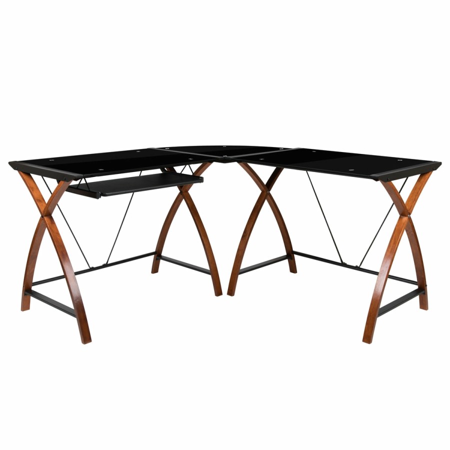 Office & Reception BLACKARC Gaming Desks & Chairs | Blackarc Dusk To Destiny L-Shaped Gaming Desk With Tempered Glass Surface And Crisscross Legs - Sliding Keyboard Tray