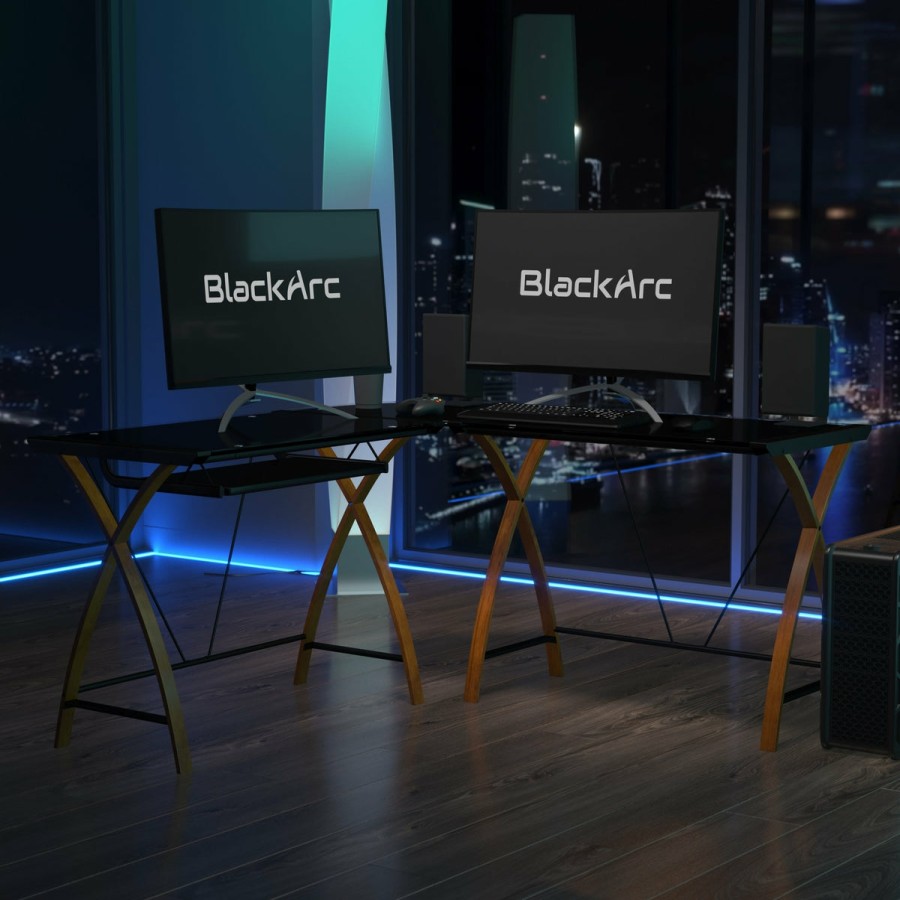 Office & Reception BLACKARC Gaming Desks & Chairs | Blackarc Dusk To Destiny L-Shaped Gaming Desk With Tempered Glass Surface And Crisscross Legs - Sliding Keyboard Tray