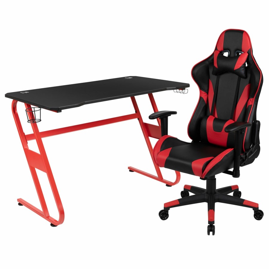 Office & Reception BLACKARC Gaming Desks & Chairs | Bravo Gaming Desk & Chair Set: High Back Gaming Chair With Lumbar Support & Adjustable Arms; Desk With Cupholder/Headphone Hook