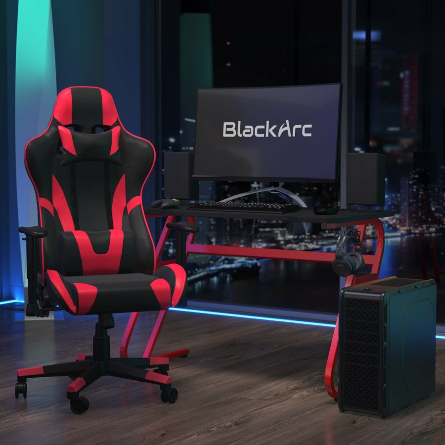 Office & Reception BLACKARC Gaming Desks & Chairs | Bravo Gaming Desk & Chair Set: High Back Gaming Chair With Lumbar Support & Adjustable Arms; Desk With Cupholder/Headphone Hook