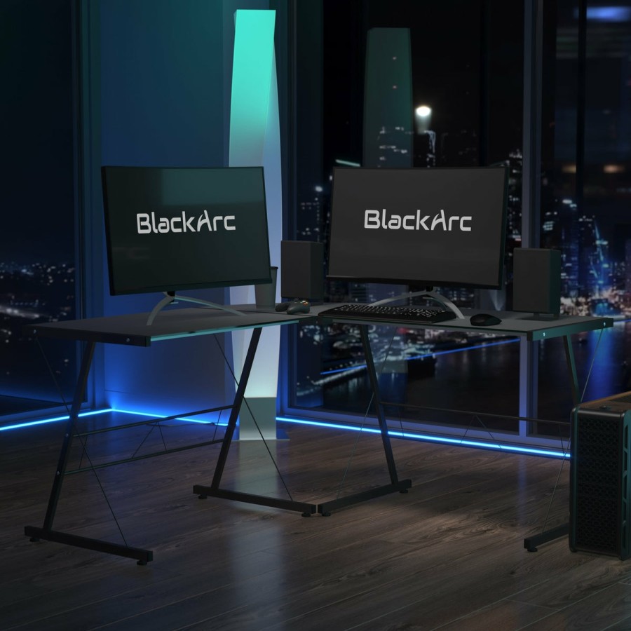 Office & Reception BLACKARC Gaming Desks & Chairs | Blackarc Arctec Ice L-Shaped Gaming Desk With Tempered Glass Top And Powder Coated Steel Frame