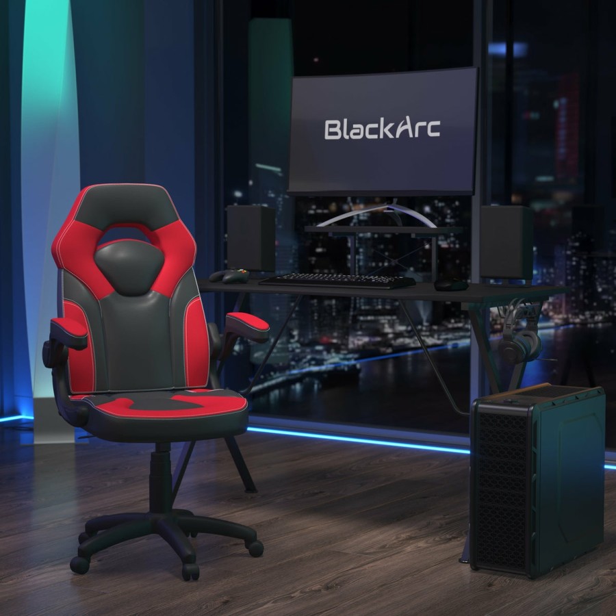 Office & Reception BLACKARC Gaming Desks & Chairs | Gamma Gaming Desk & Chair Set - High Back Gaming Chair With Flip-Up Arms; Desk With Detachable Headphone Hook/Cupholder