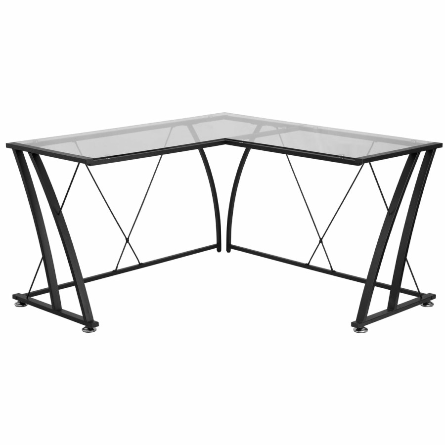 Office & Reception BLACKARC Gaming Desks & Chairs | Blackarc Legion 9Ine Gaming Desk With Glass Top And Powder Coated Metal Frame - L-Shaped - Tempered Glass