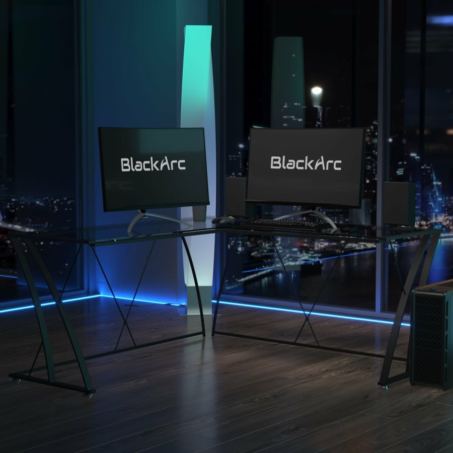 Office & Reception BLACKARC Gaming Desks & Chairs | Blackarc Legion 9Ine Gaming Desk With Glass Top And Powder Coated Metal Frame - L-Shaped - Tempered Glass