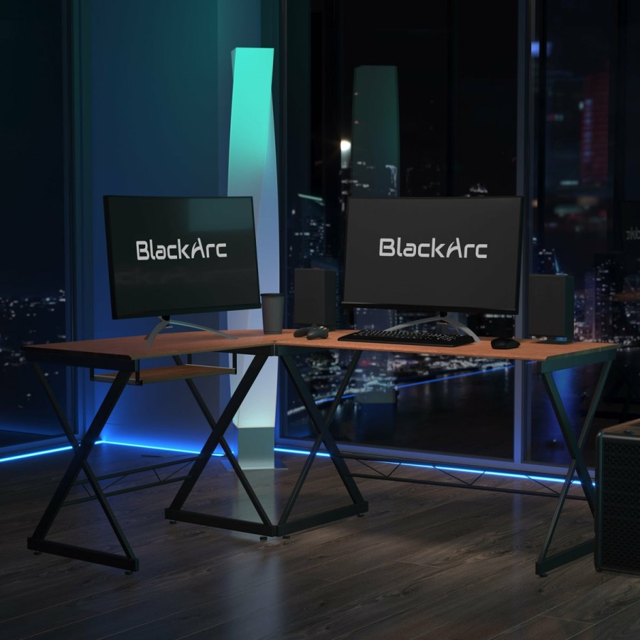 Office & Reception BLACKARC Gaming Desks & Chairs | Blackarc 9Inety Degree L-Shaped Gaming Desk Laminate Top - Powder Coated Frame-Pull Out Keyboard