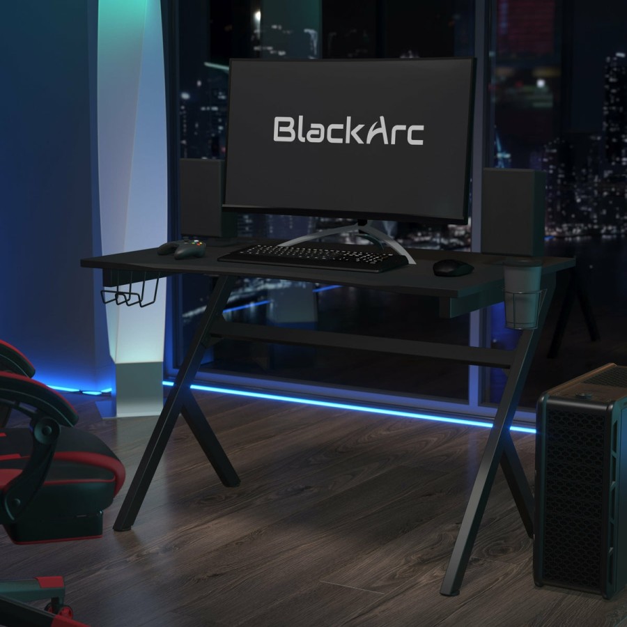 Office & Reception BLACKARC Gaming Desks & Chairs | Blackarc Legend 88 Gaming Desk With Carbon Fiber Desktop, Steel Frame And Detachable Cupholder/Headphone Hook, Two Cable Management Holes