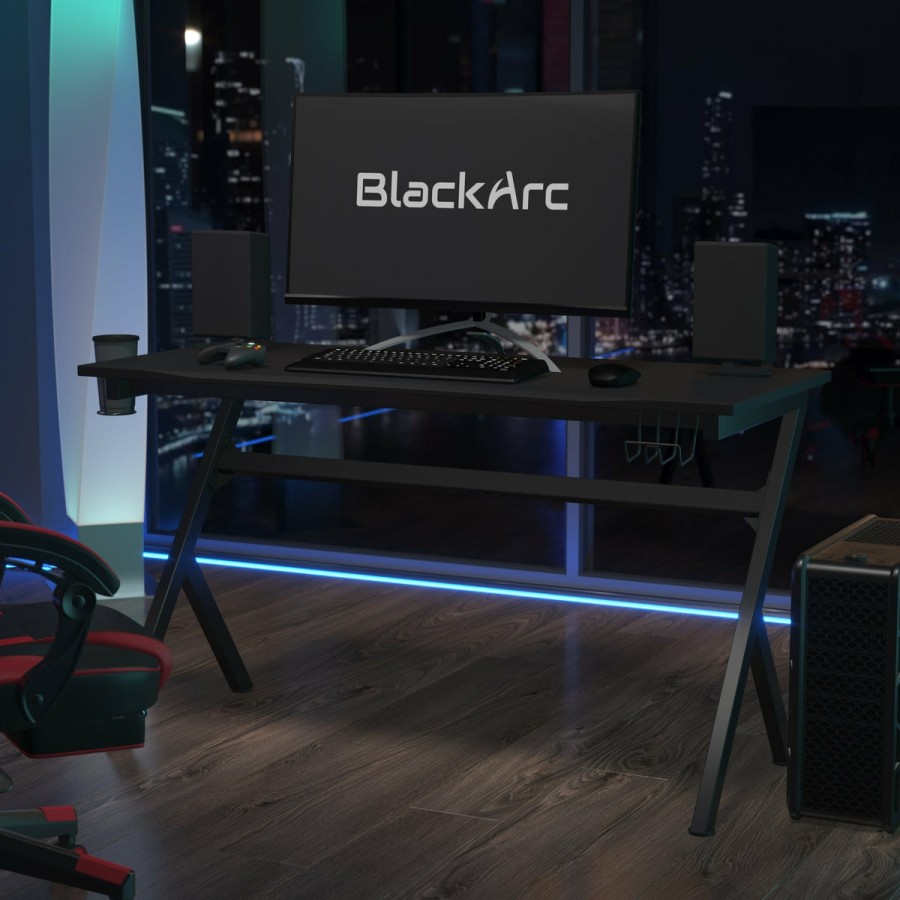 Office & Reception BLACKARC Gaming Desks & Chairs | Blackarc Midnight Dawn Gaming Desk Featuring Detachable Cupholder/Headphone Hook, Two Cable Management Holes & Removable Mousepad Top