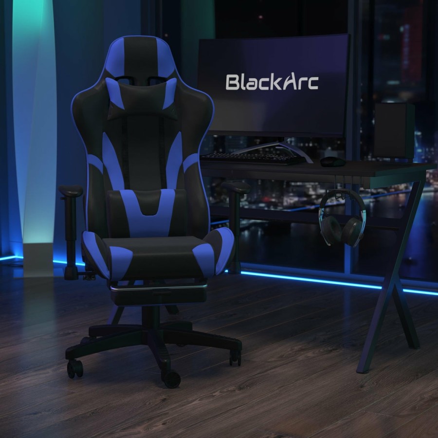 Office & Reception BLACKARC Gaming Desks & Chairs | Blackarc Summit X3 Faux Leather Reclining Gaming Chair - Height Adjustable Pivot Arms, Pull-Out Footrest, Headrest & Lumbar Pillows