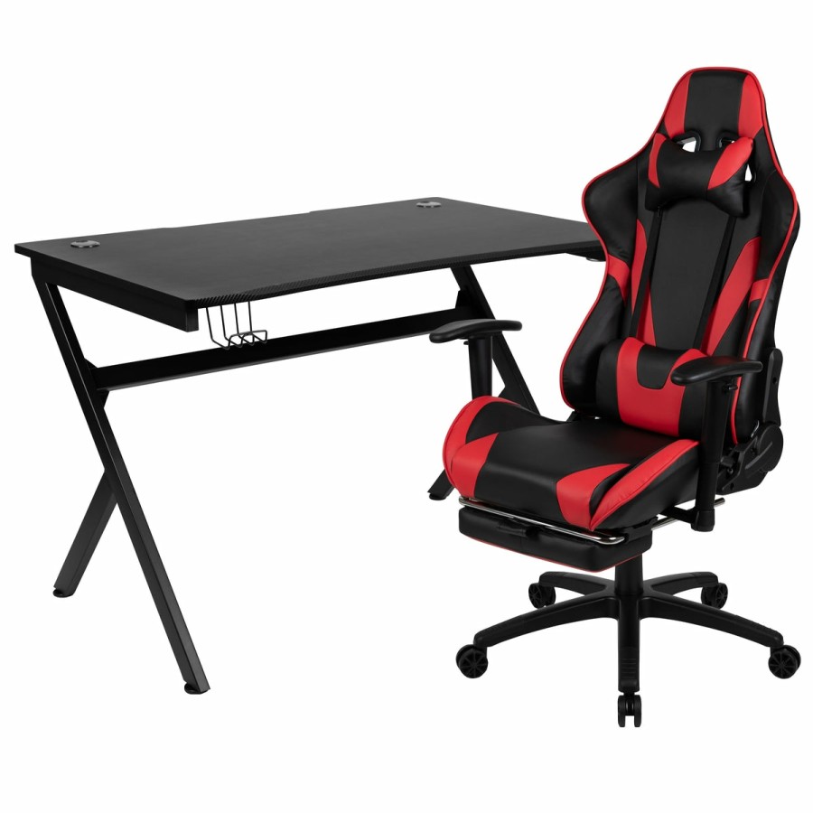 Office & Reception BLACKARC Gaming Desks & Chairs | Charlie Gaming Desk And Ergonomic Gaming Chair Set With Footrest , Detachable Pillow And Headrest