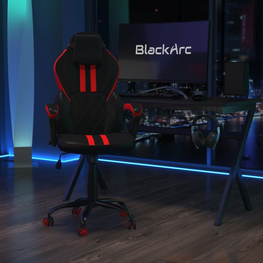 Office & Reception BLACKARC Gaming Desks & Chairs | Vindicator High Back Gaming Chair With Faux Leather Upholstery, Adjustable Swivel Seat And Padded Flip-Up Arms