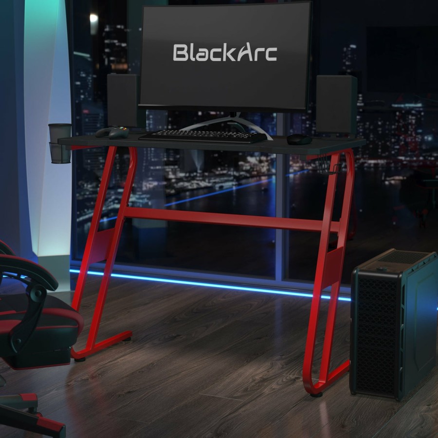 Office & Reception BLACKARC Gaming Desks & Chairs | Blackarc Stratum Elite Gaming Desk - Laminate Top - "S" Shaped Steel Frame - Detachable Cupholder/Headphone Hook-2 Cable Management Holes