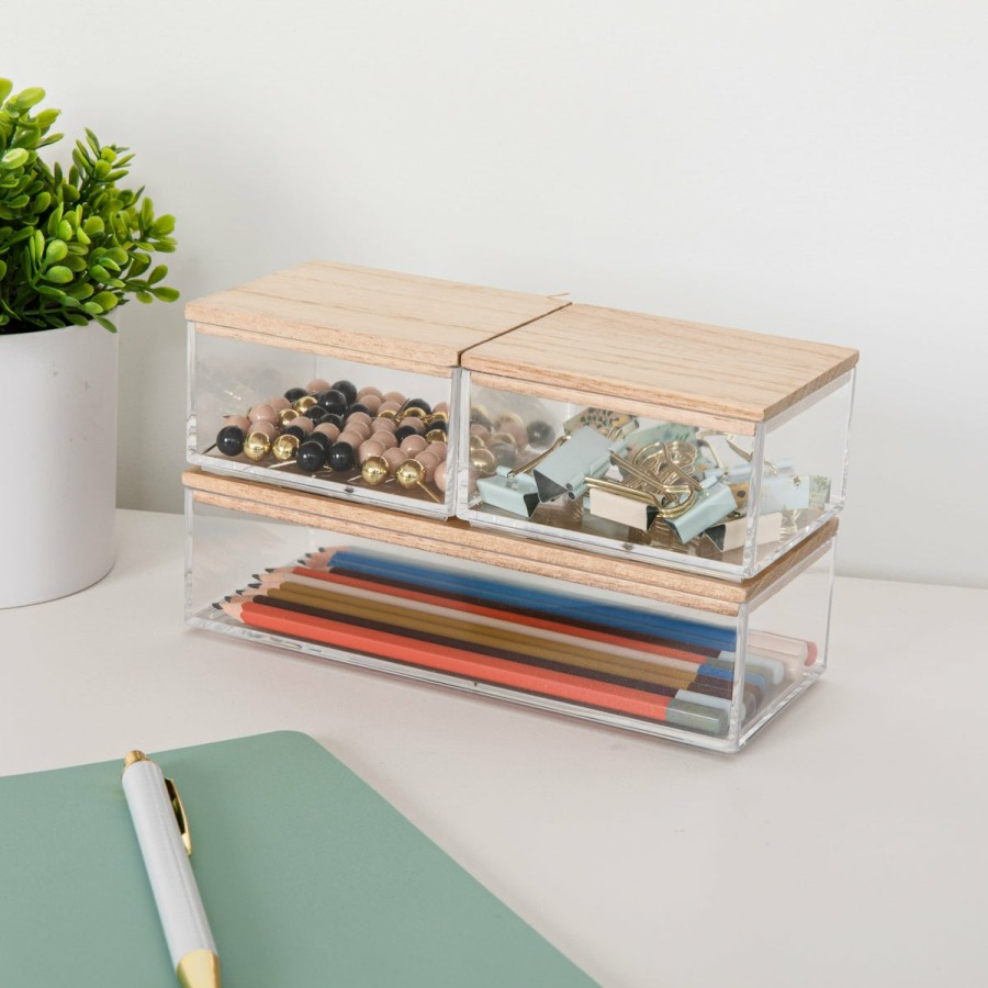 Office & Reception MARTHA STEWART Desk Organizers | Brody Clear Plastic Storage Organizer Bins With Lids For Home Office, Kitchen, Or Bathroom