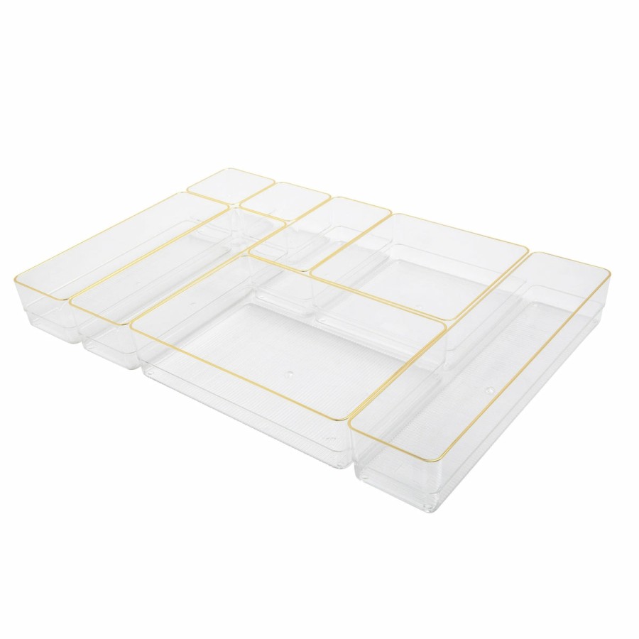 Office & Reception MARTHA STEWART Desk Organizers | Kerry Plastic Stackable Office Desk Drawer Organizers With Metallic Trim, Various Sizes, Set Of 8