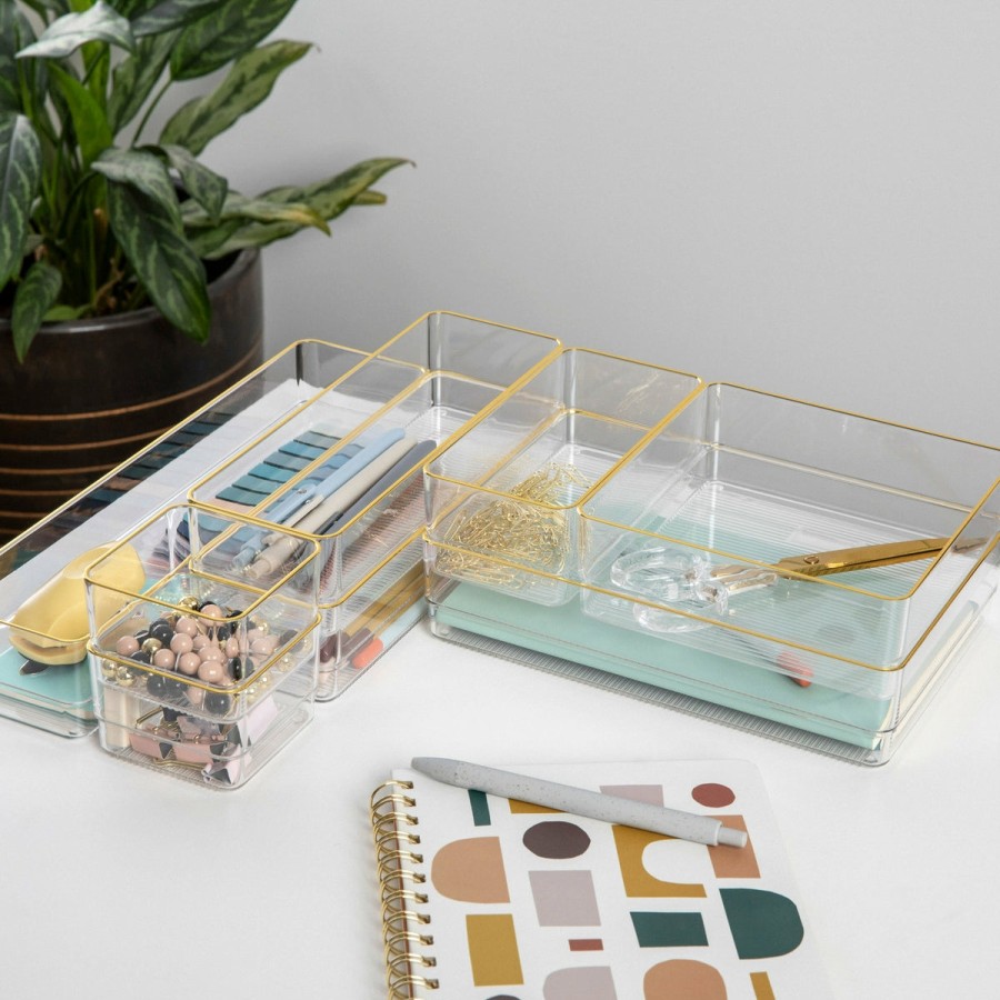 Office & Reception MARTHA STEWART Desk Organizers | Kerry Plastic Stackable Office Desk Drawer Organizers With Metallic Trim, Various Sizes, Set Of 8