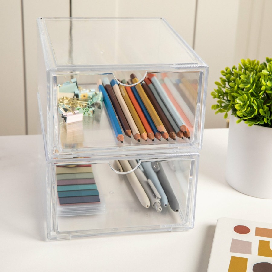 Office & Reception MARTHA STEWART Desk Organizers | Brody 2 Pack Plastic Stackable Office Desktop Organizer Boxes With Drawer