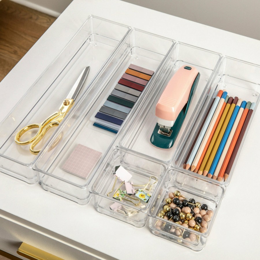 Office & Reception MARTHA STEWART Desk Organizers | Miles Plastic Stackable Office Desk Drawer Organizers, Various Sizes, Set Of 6