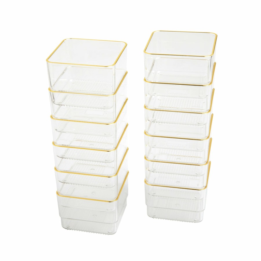 Office & Reception MARTHA STEWART Desk Organizers | Kerry 12 Pack Plastic Stackable Office Desk Drawer Organizers With Metallic Trim, 3" X 3"