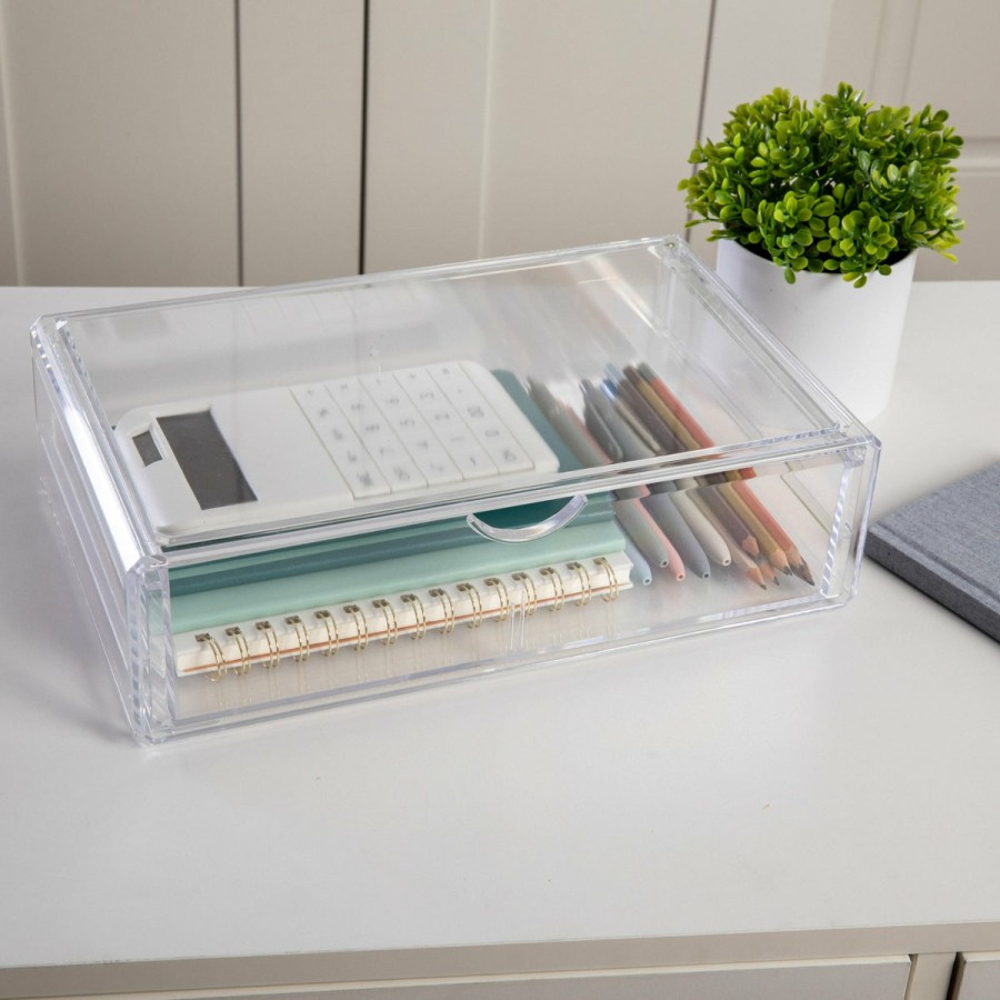 Office & Reception MARTHA STEWART Desk Organizers | Brody Plastic Stackable Office Desktop Organizer Box With Drawer