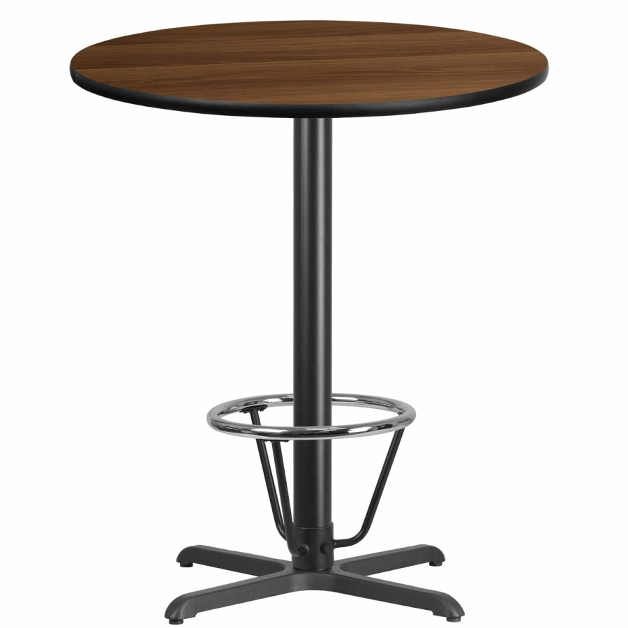 More T&D Restaurant Equipment | 36'' Round Laminate Table Top With 30'' X 30'' Bar Height Table Base And Foot Ring