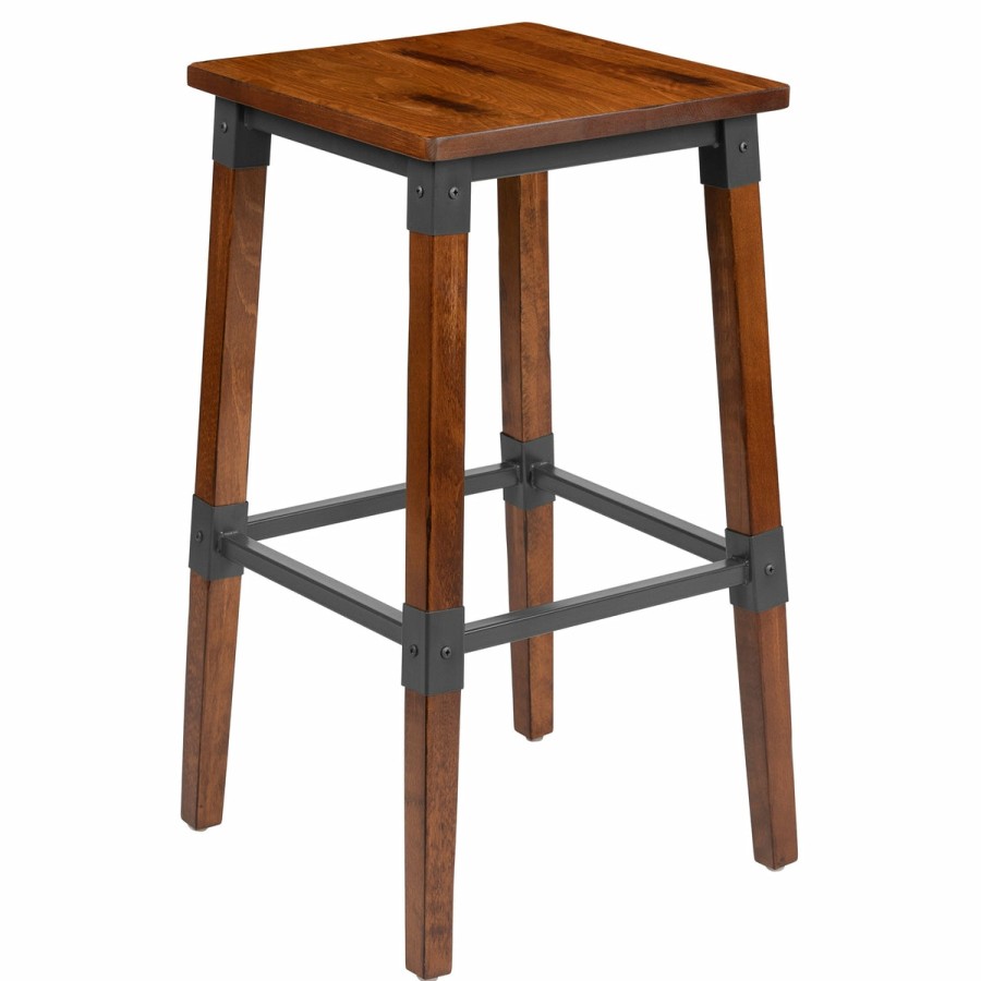 More T&D Restaurant Equipment | Rustic Antique Industrial Wood Dining Backless Barstool