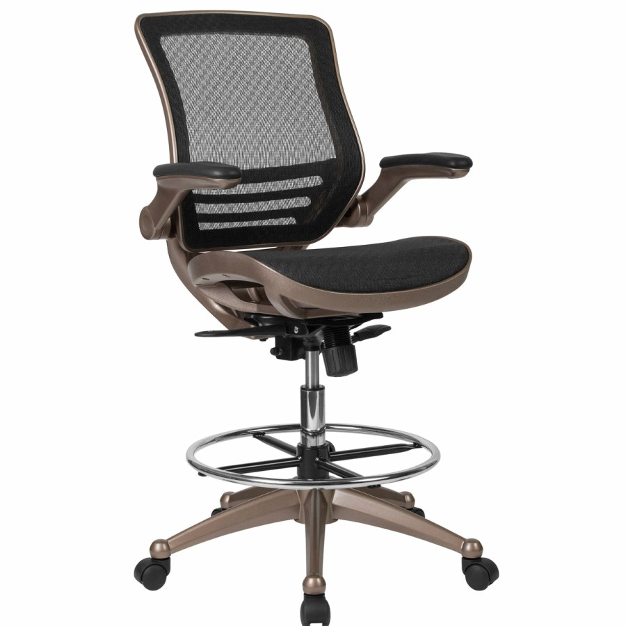 Office & Reception FLASH Drafting Stools | Mid-Back Transparent Mesh Drafting Chair With Flip-Up Arms