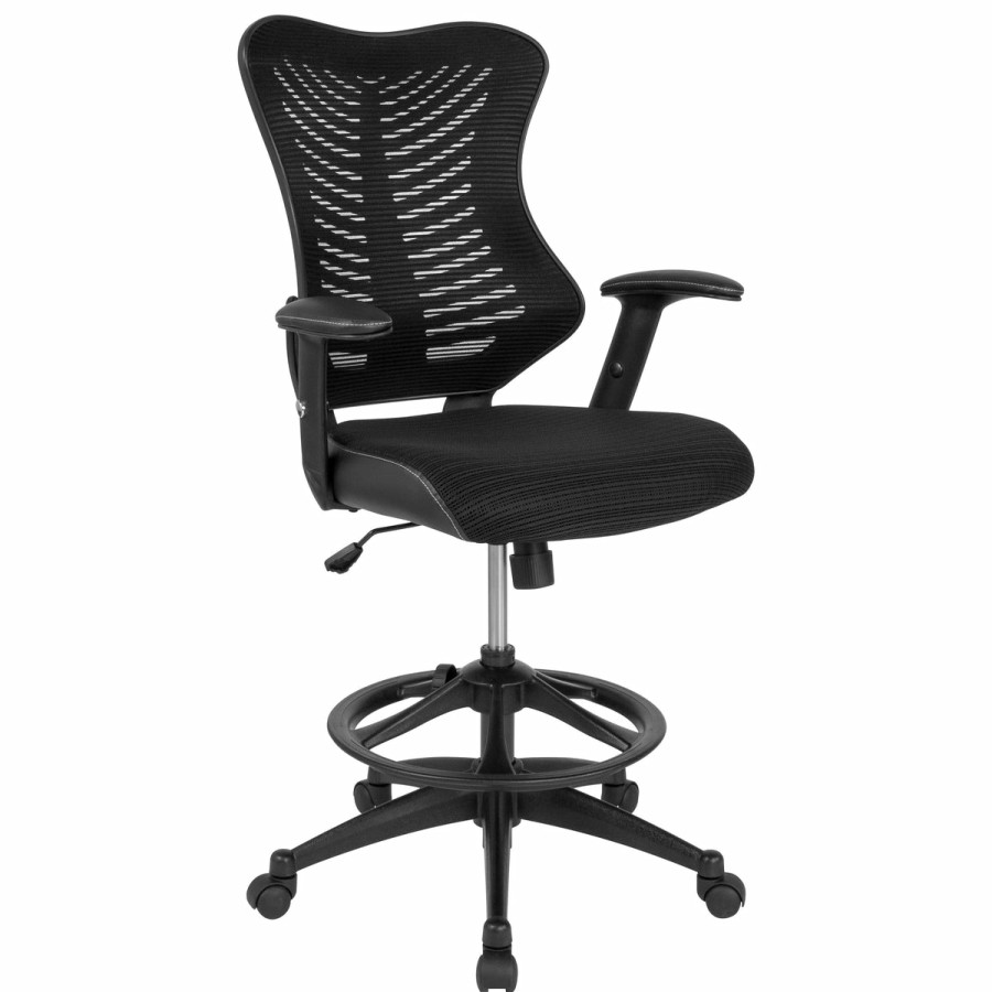 Office & Reception FLASH Drafting Stools | High Back Designer Mesh Drafting Chair With Leathersoft Sides And Adjustable Arms