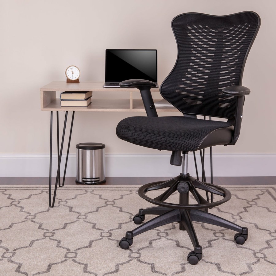 Office & Reception FLASH Drafting Stools | High Back Designer Mesh Drafting Chair With Leathersoft Sides And Adjustable Arms