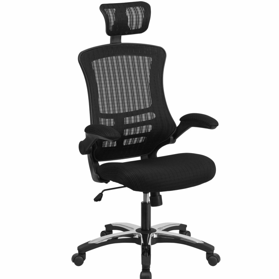 Office & Reception FLASH Executive Office Chairs | High-Back Black Mesh Swivel Ergonomic Executive Office Chair With Flip-Up Arms And Adjustable Headrest