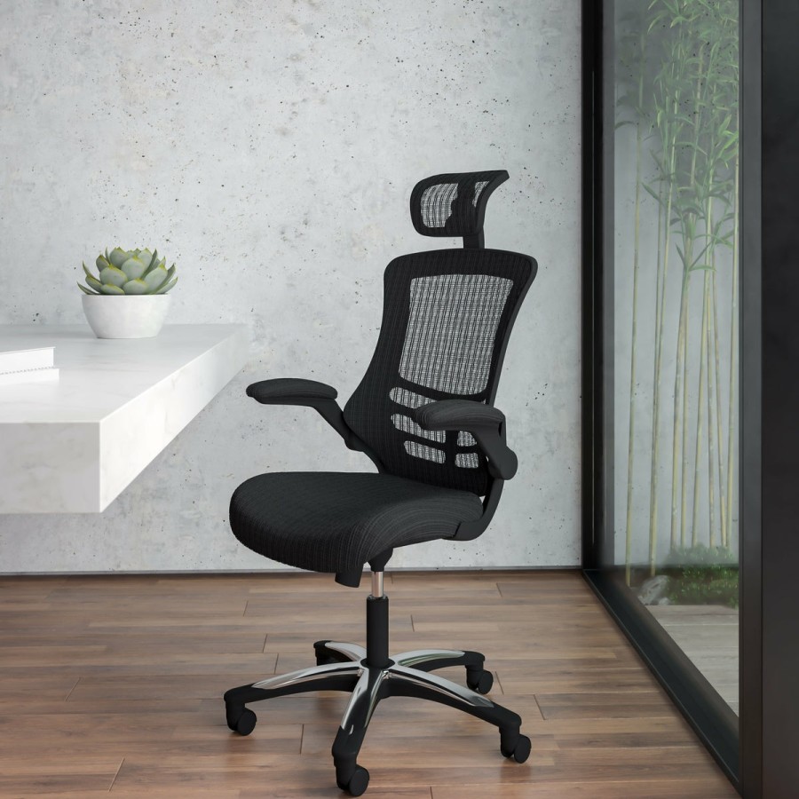 Office & Reception FLASH Executive Office Chairs | High-Back Black Mesh Swivel Ergonomic Executive Office Chair With Flip-Up Arms And Adjustable Headrest