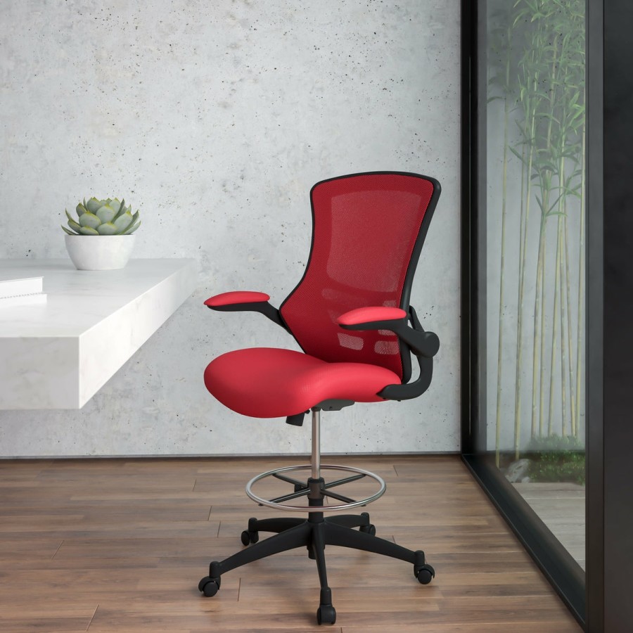 Office & Reception FLASH Drafting Stools | Mid-Back Mesh Ergonomic Drafting Chair With Adjustable Foot Ring And Flip-Up Arms