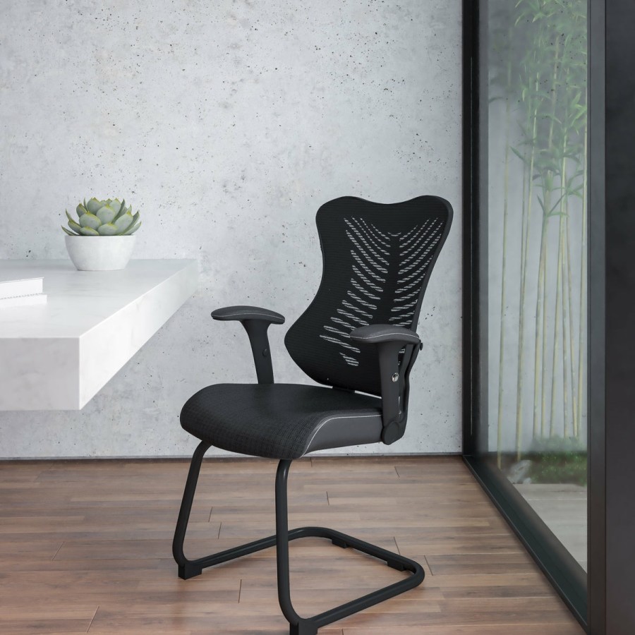 Office & Reception FLASH Reception Side Chairs | Designer Mesh Sled Base Side Reception Chair With Adjustable Arms