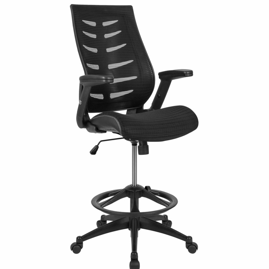 Office & Reception FLASH Drafting Stools | High Back Mesh Spine-Back Ergonomic Drafting Chair With Adjustable Foot Ring And Adjustable Flip-Up Arms