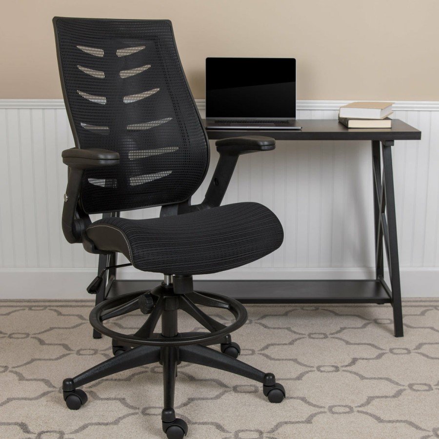 Office & Reception FLASH Drafting Stools | High Back Mesh Spine-Back Ergonomic Drafting Chair With Adjustable Foot Ring And Adjustable Flip-Up Arms