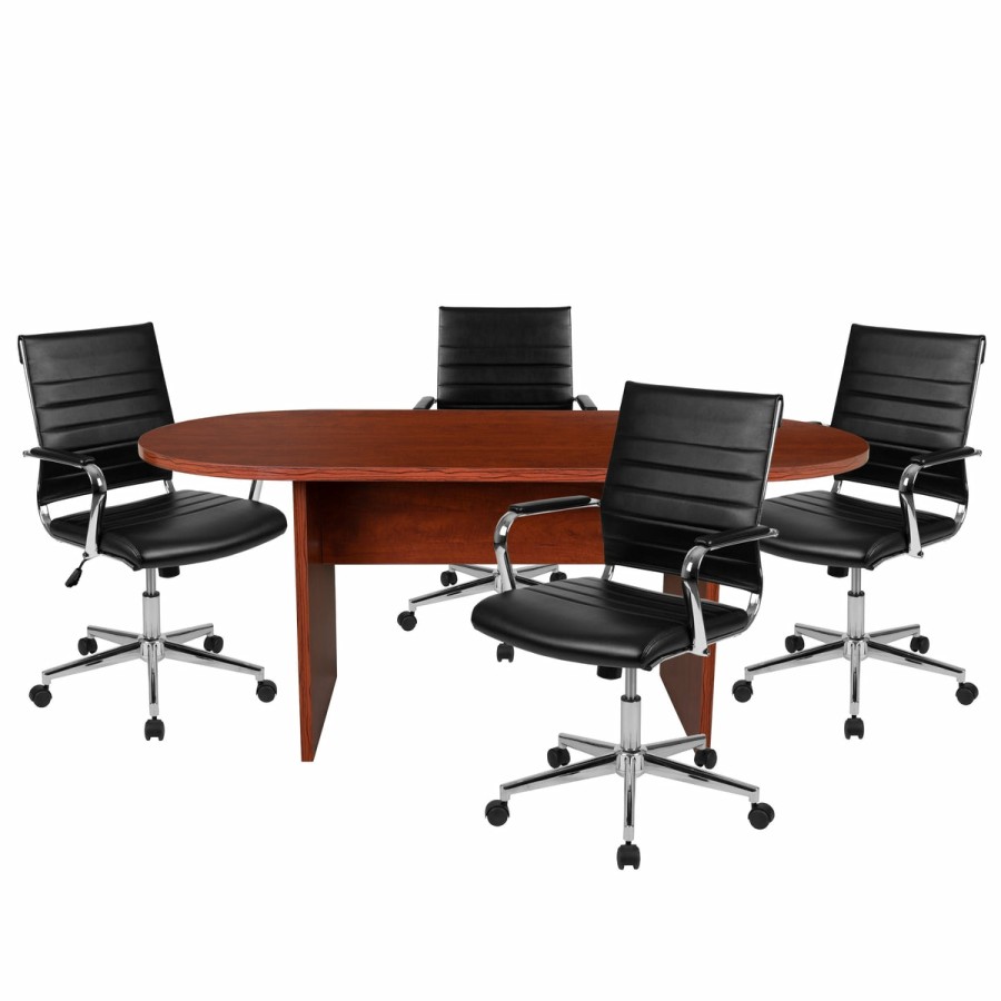 Office & Reception FLASH Office Bundles | 5 Piece Oval Conference Table Set With 4 Leathersoft Ribbed Executive Chairs